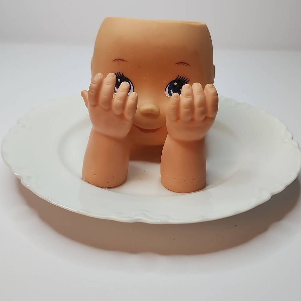 Handmade by Me Peek a Boo Dollhead Planter on a Ceramic Plate Base
